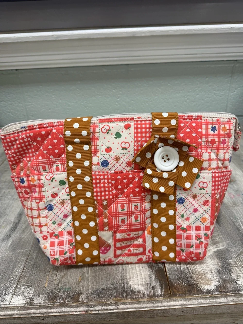 Red Patchwork Western Boho Tote with‎ Brown Polka-Dot Handles